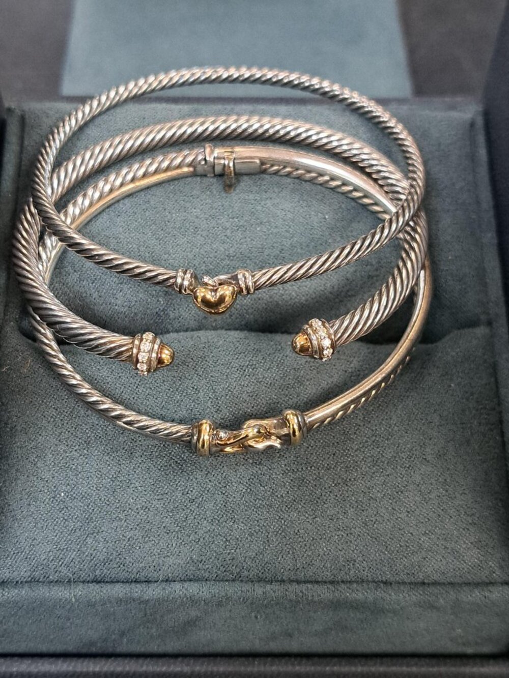 David Yurman Cable Bracelets Trio 18k Accents Unique!  Retail value approx. $2k